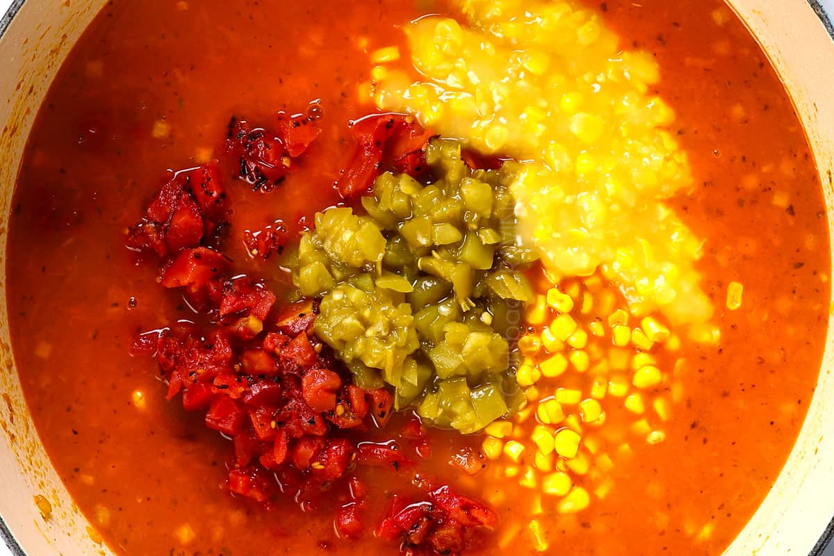 showing how to make chicken corn chowder by adding the broth, corn, tomatoes and green chiles.