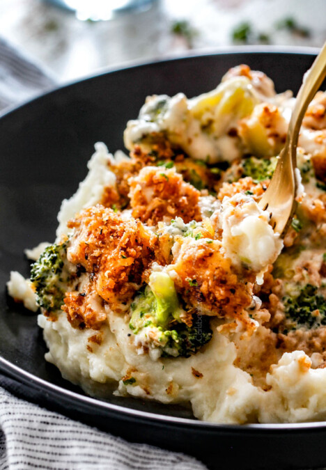 a forkful of chicken divan casserole with chicken, broccoli and panko