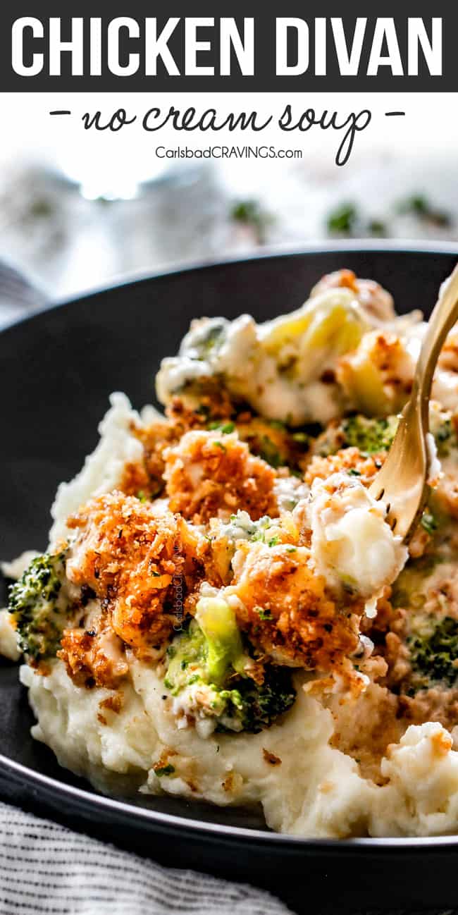 a forkful of chicken divan casserole with chicken, broccoli and panko