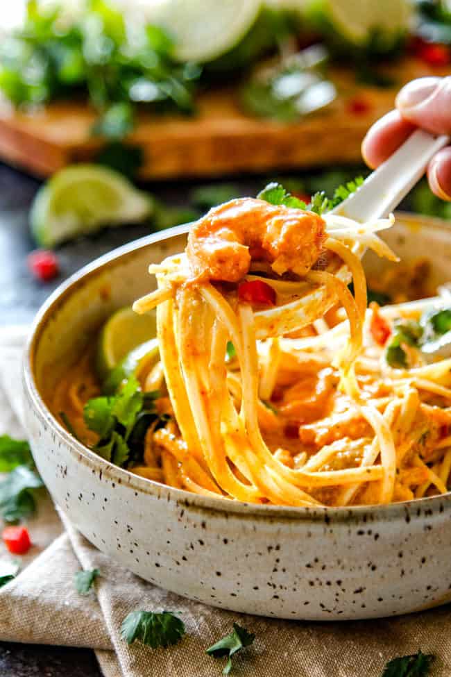 a spoonful of laksa with chicken, shrimp and noodles and cilantro and bean sprouts