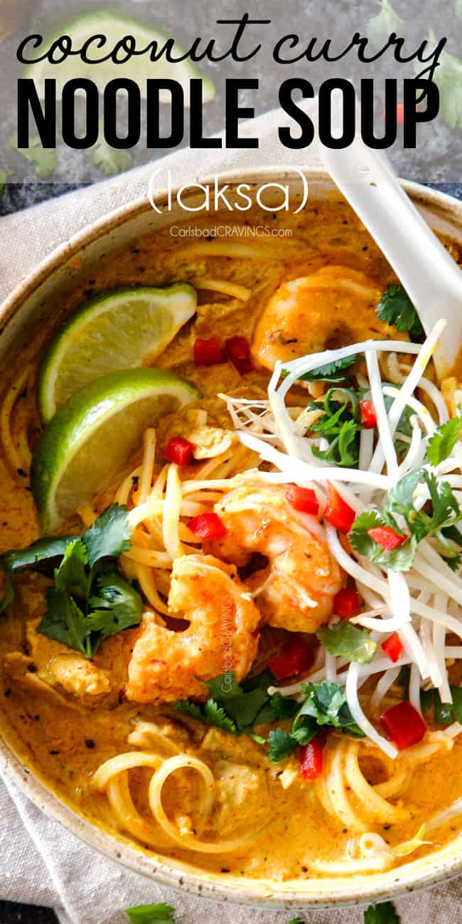 top view of a bowl of laksa soup with noodles, chicken and shrimp