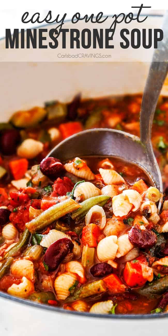 up close of a ladle full of Italian Minestrone Soup with pasta