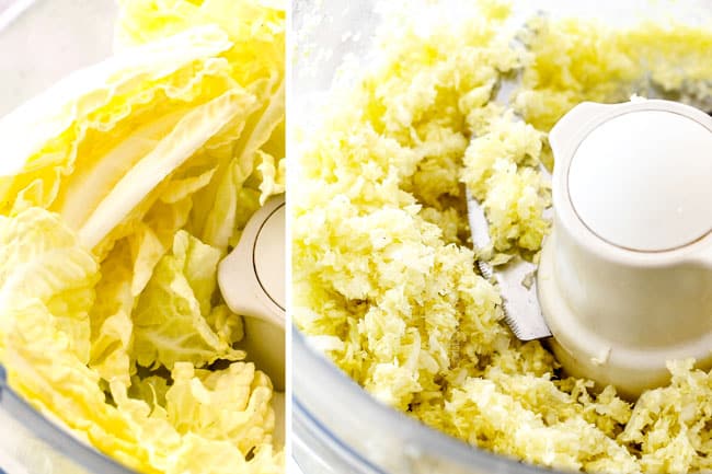 showing how to make potstickers by adding cabbage to food processor and processing until fine