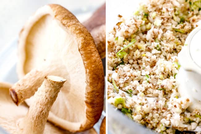 showing how to make the best potstickers by chopping shiitake mushrooms for filling