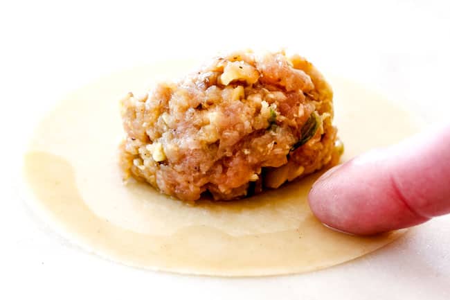 showing how to make easy potstickers by using a fingertip to brush water on the edge of the dumpling wrapper