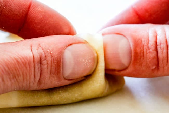 showing how to seal potstickers with pleats by pinching making front pleat with two fingers