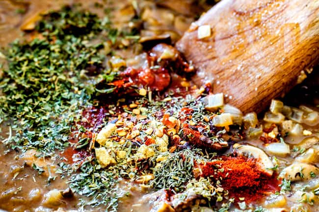 showing how to make Chicken Stroganoff by adding powdered mustard, dried parsley, paprika, dried thyme, dried oregano to Stroganoff Sauce