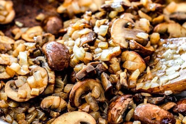 showing how to make Chicken Stroganoff by caramelizing mushrooms and onions