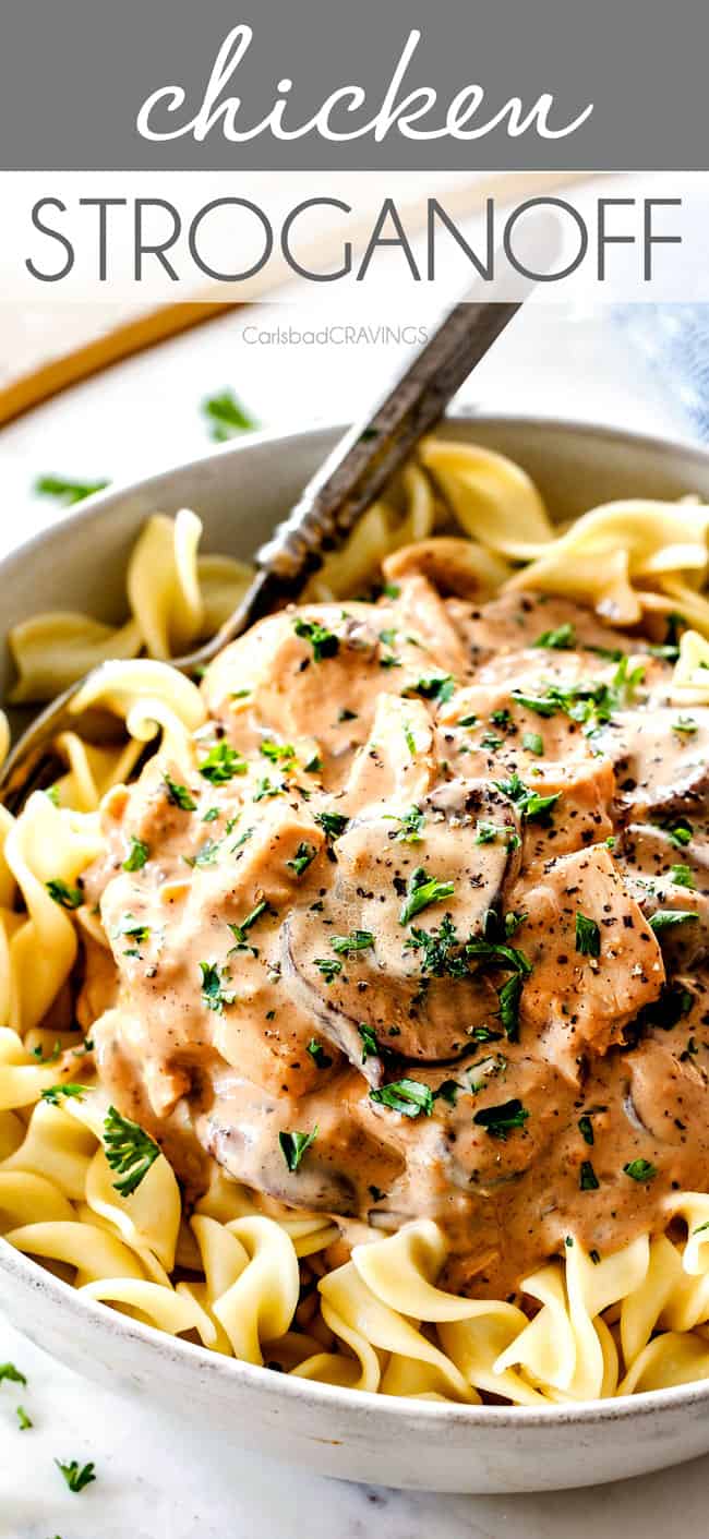 up close of juicy Chicken Stroganoff in a white bowl