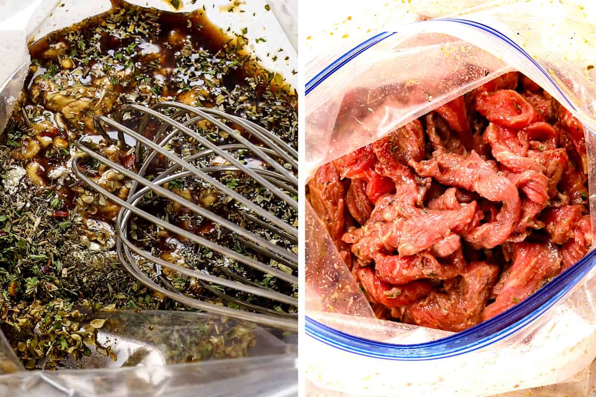 showing how to make Philly cheesesteak by whisking the marinade ingredients together in a plastic bag, then adding the thinly sliced steak and turning to coat