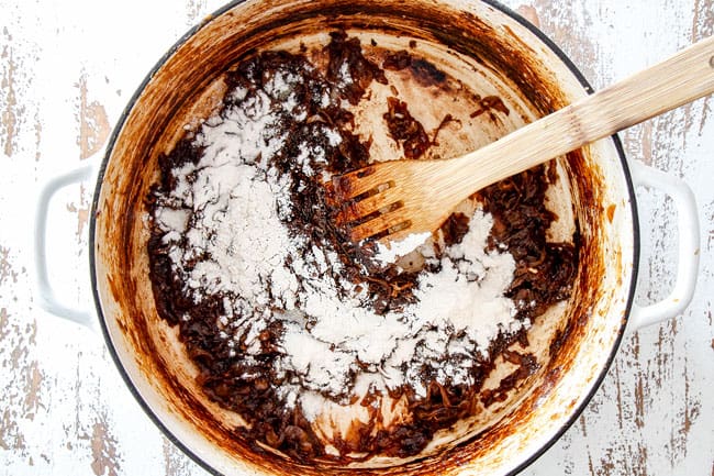 showing how to make French Onion Soup by adding flour to the onions to thicken the soup