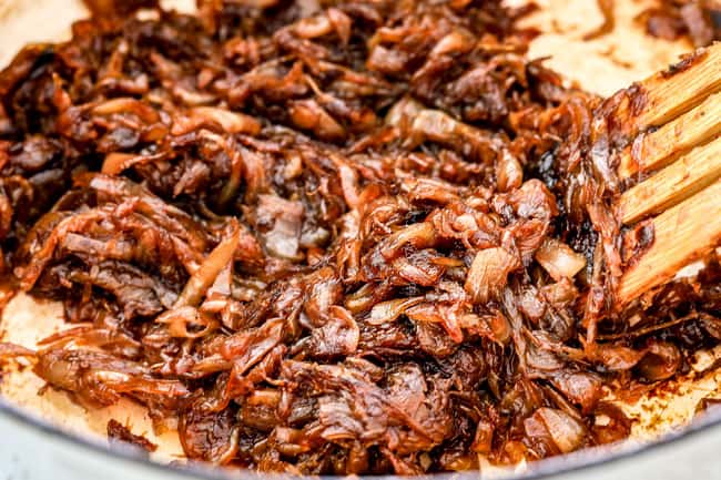 showing how to caramelize onions for French Onion Soup - photo of onions after 45 minutes