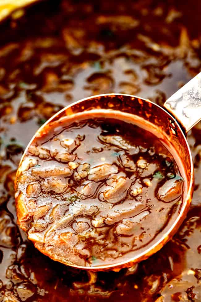 up close of a ladle full of easy French Onion Soup with in the pot