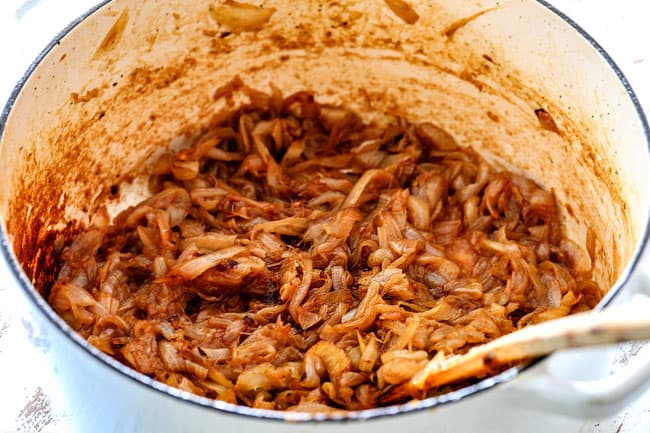 showing how to caramelize onions for French Onion Soup - photo of onions after 30 minutes