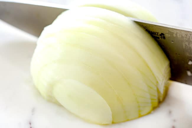 showing how to make French Onion Soup by slicing onions into 1/4" thick slices