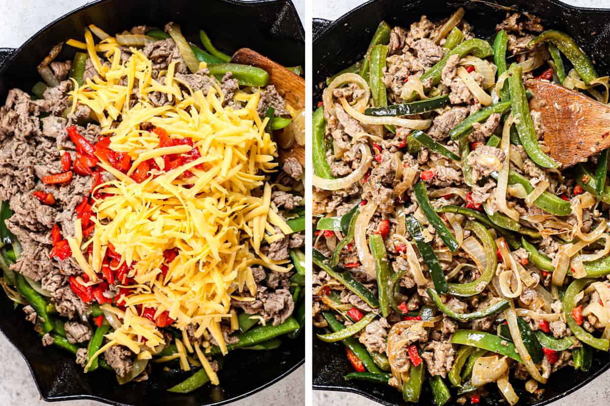 a collage showing how to make Philly cheesesteak by adding the steak, cheese, pimentos to the bell peppers and onions and stirring until the cheese has melted