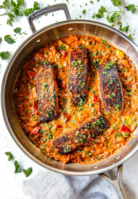 far away top view of the best blackened salmon garnished with parsley