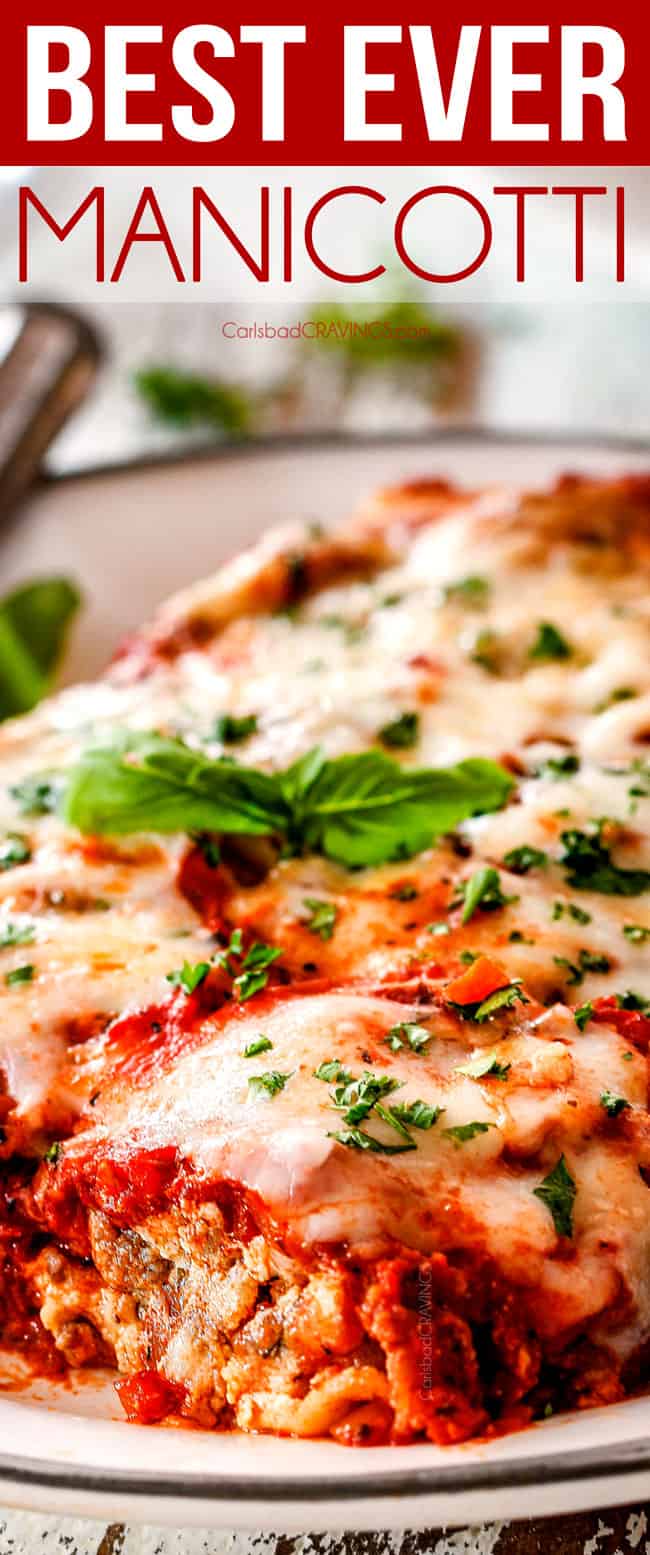 up close of cheese manicotti on a white plate