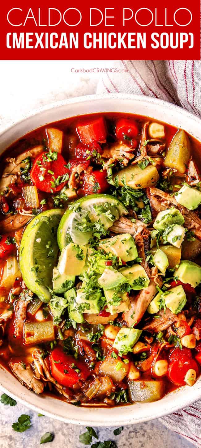 up close of a bowl of authentic showing how to make Caldo de pollo Mexicano (Mexican Chicken Soup) with chicken, potatoes, celery, carrots
