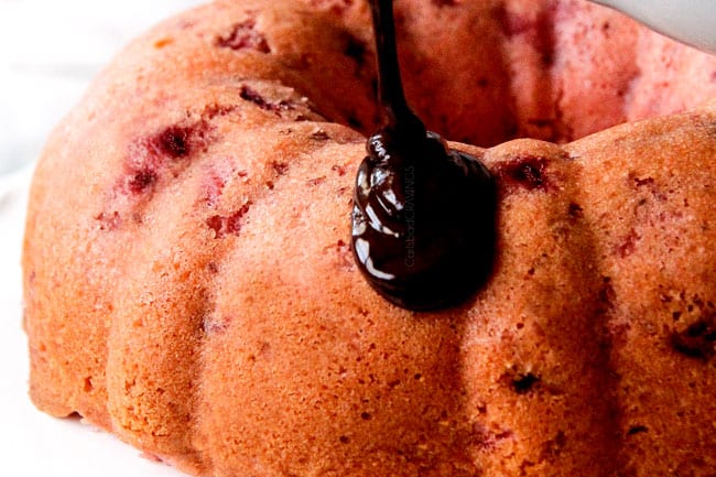 5 Minute Fool Proof Chocolate Ganache (sauce) is silky, creamy, sweet and 1,000 TIMES BETTER than any store bought chocolate sauce. Perfect for brownies, ice cream, cakes, popcorn, strawberries, etc showing how to glaze a cake with chocolate ganache by pouring it over the cake