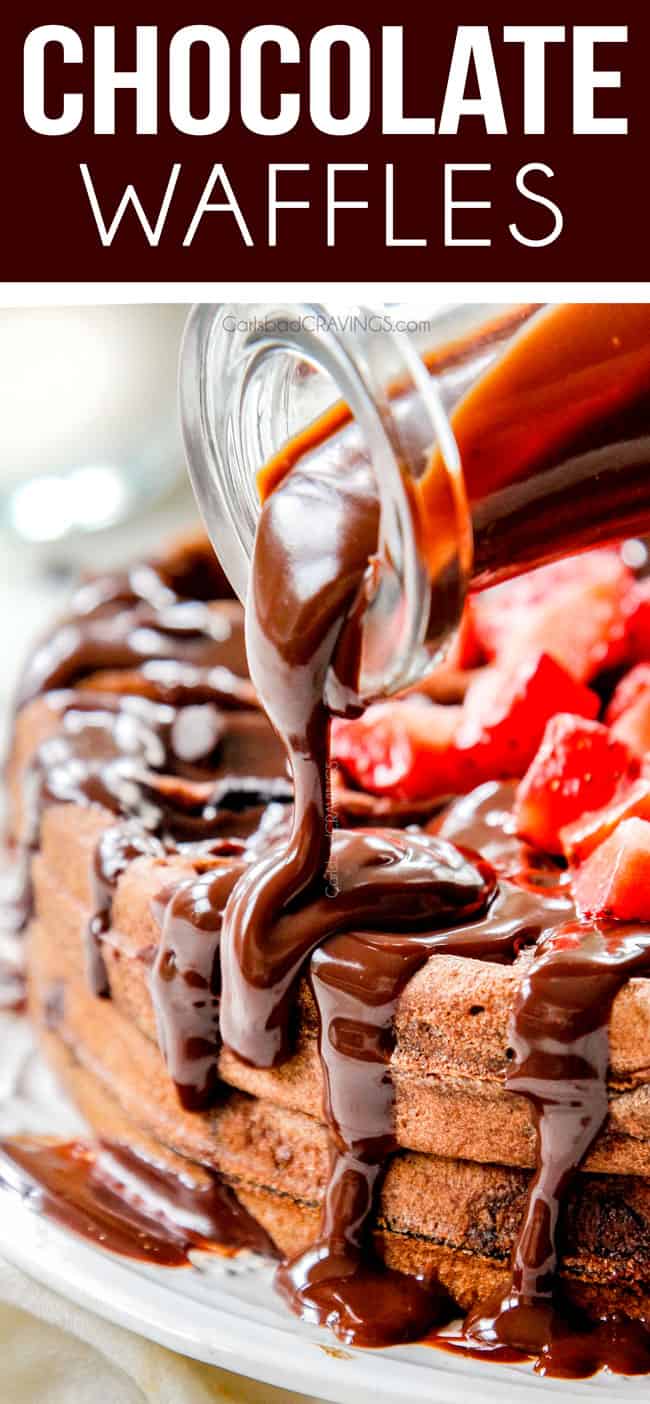 pouring chocolate syrup over hershey chocolate waffles
