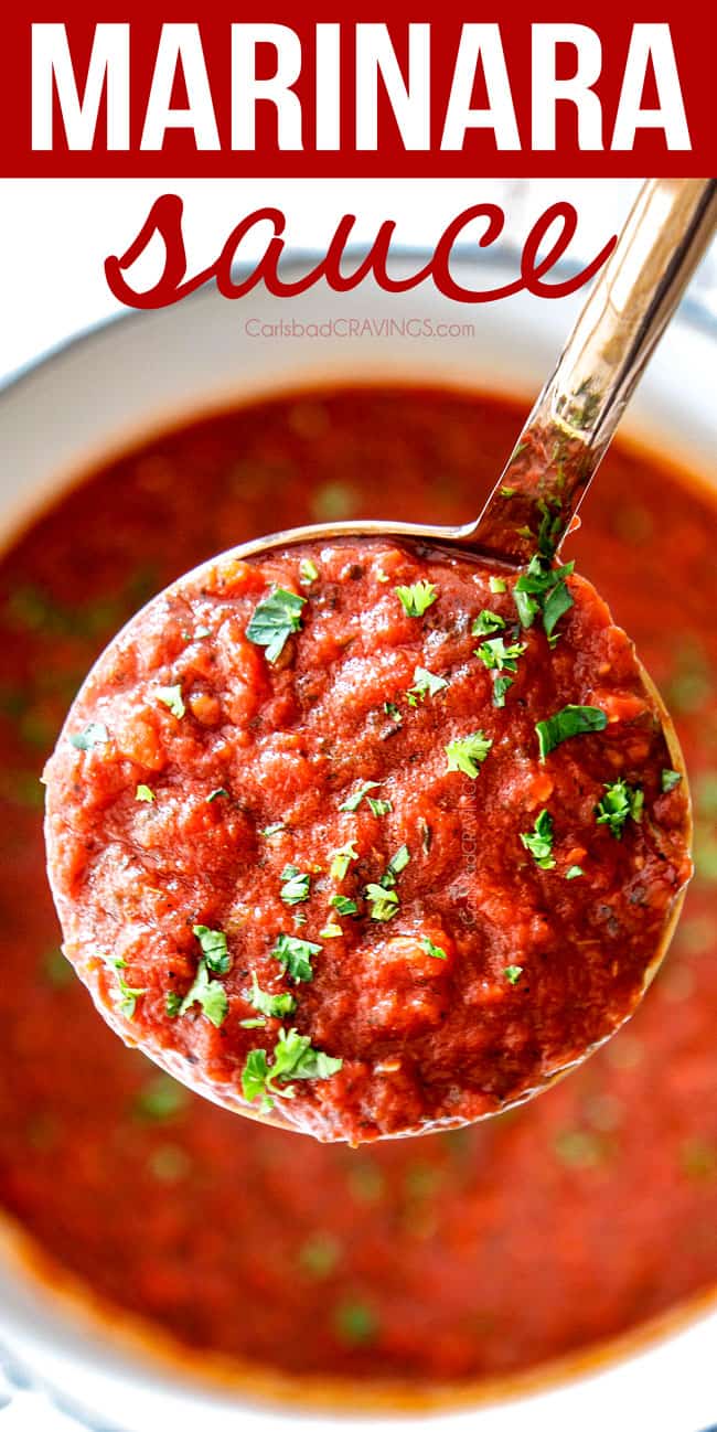 a large ladelful of marinara sauce from scratch