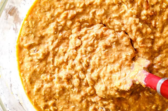 showing how to make Sweet Potato Pancakes by folding wet ingredints into dry ingredinets