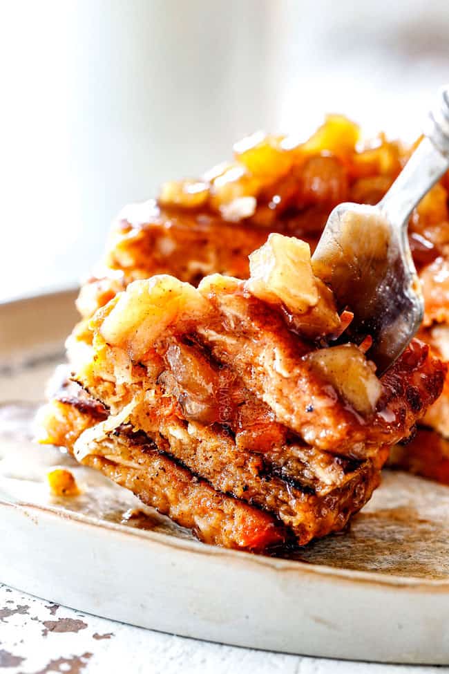 up close of a a forkful of the best sweet potato pancakes