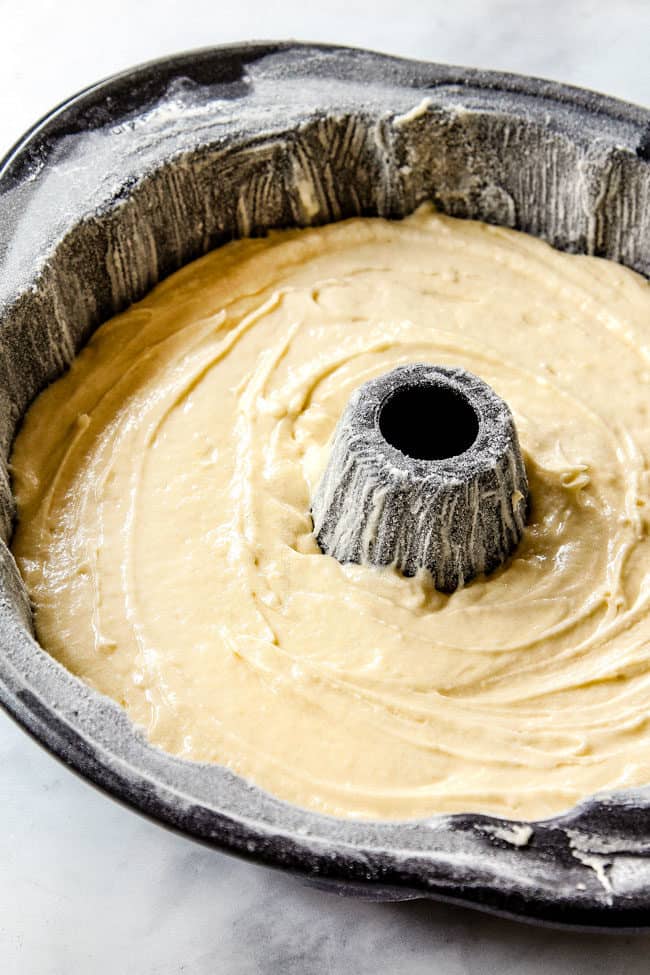 showing how to make Kentucky Butter Cake by adding batter to bundt pan