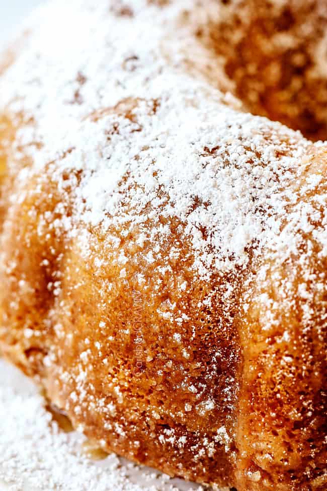 up close side view of Kentucky Butter Cake dusted with powdered sugar
