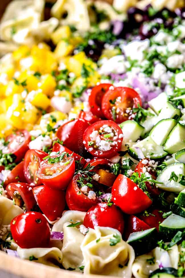 showing how to make Greek Pasta Salad by adding tomatoes, pasta, cucumbers, olives, red onions,to a large bowl