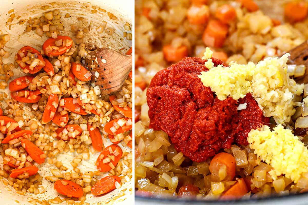 showing how to make Thai chicken soup by adding the red curry, garlic and ginger