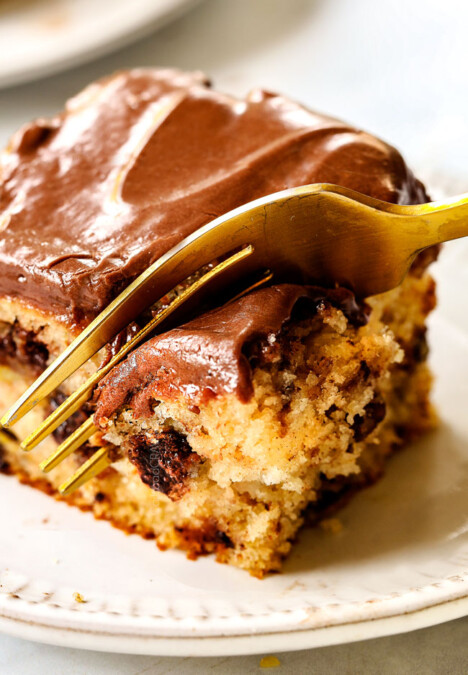 up close of a fork cutting into banana cake