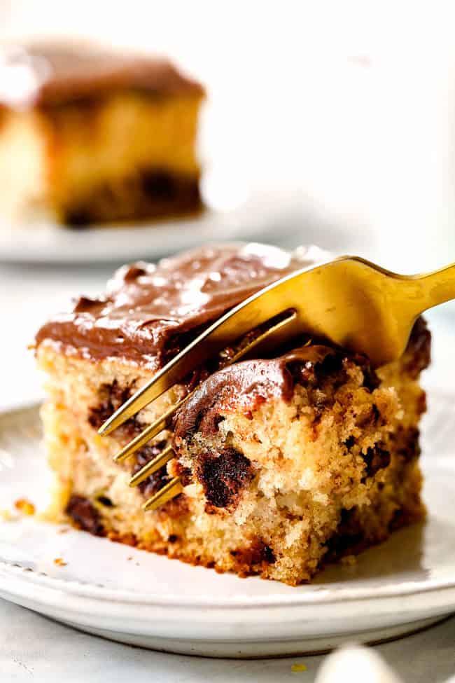 a fork cutting into easy banana cake