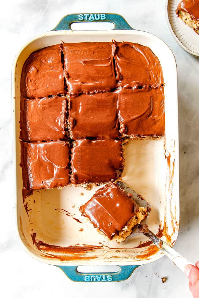 top view of moist banana cake with walnuts cut into slices