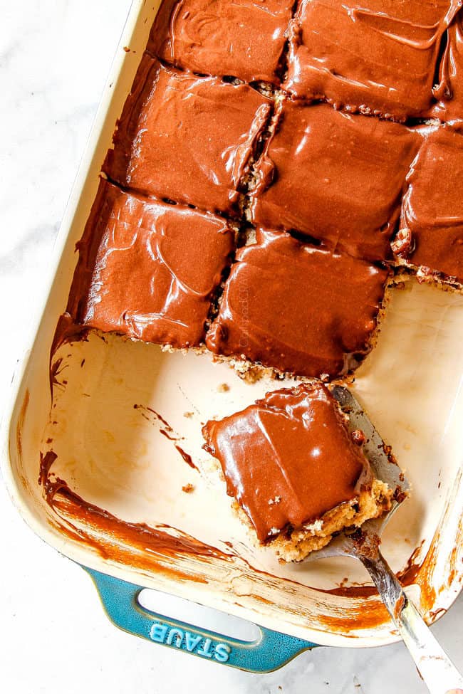top view of moist banana cake with walnuts cut into slices