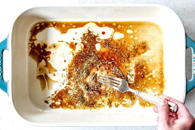 top view showing how to make dill sauce for salmon by adding adding salmon marinade to a 9x13 baking dish