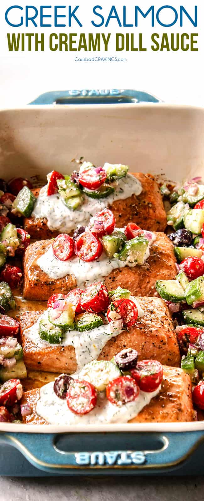 up close side view of healthy salmon recipe with dill sauce