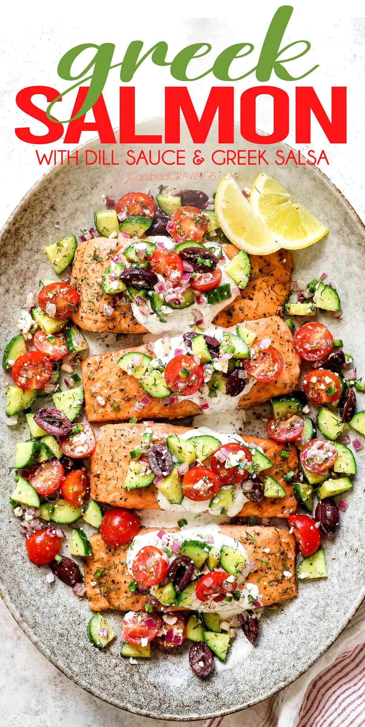 top view of Greek Salmon with Dill Sauce recipe on a platter