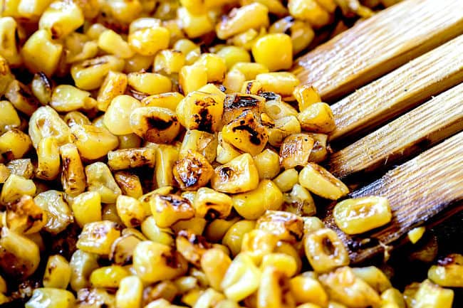 showing how to make corn salsa with canned corn by charring in a skillet