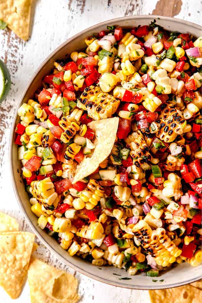 top view of burnt corn salsa in a bowl