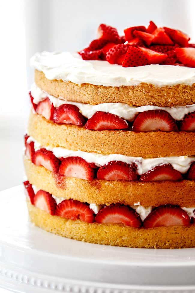 side view of strawberry shortcake cake recipe from scratch