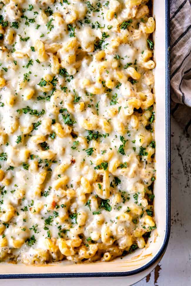 best Chicken Alfredo Bake in a blue casserole dish with Chicken Alfredo Sauce, mozzarella and Parmesan