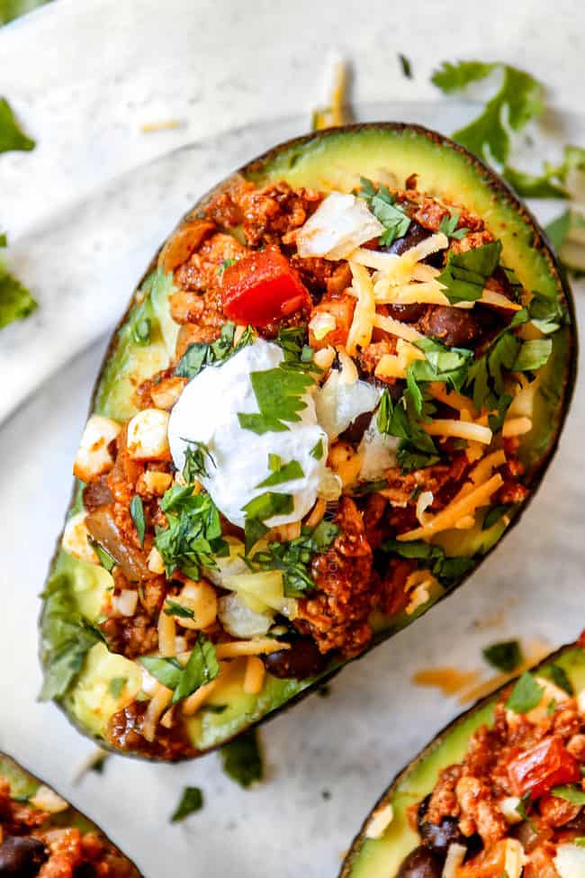 top view of healthy stuffed avocados