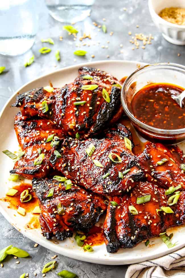 side view of best Korean Chicken recipe with spicy Korean dip