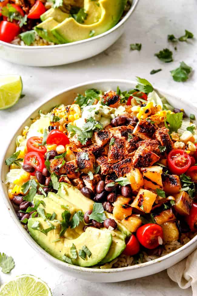 easy chicken burrito bowl recipe with grilled, marinated chicken