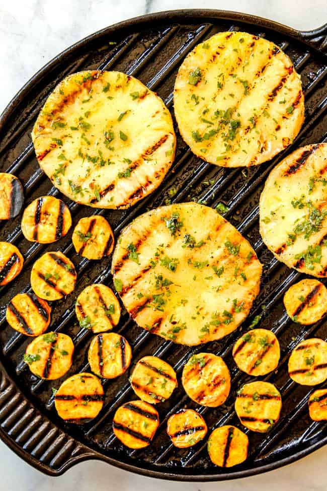 showing how to make salmon bowls by grilling pineapple and plantains