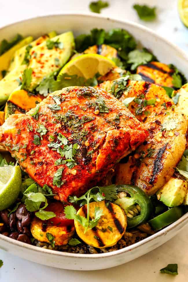 side view of easy salmon bowl recipe