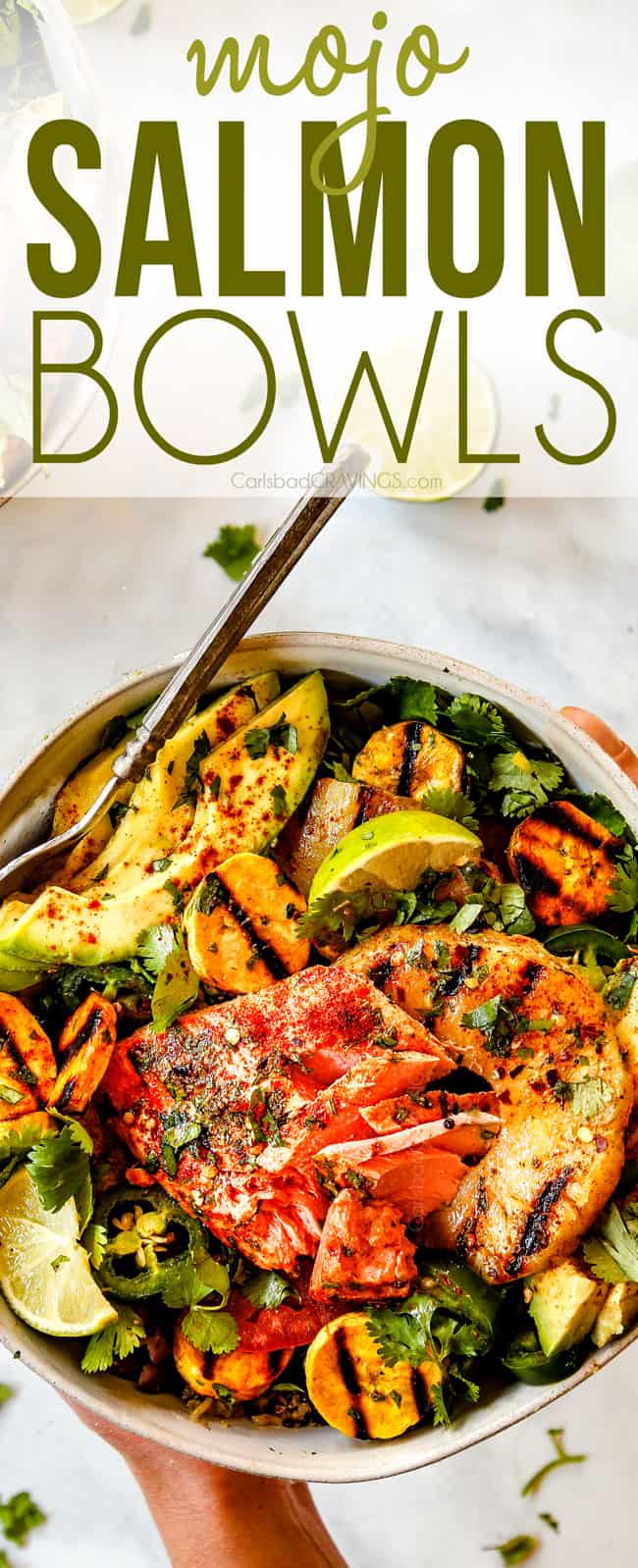 top view of salmon bowls with rice, quinoa, or broccoli rice