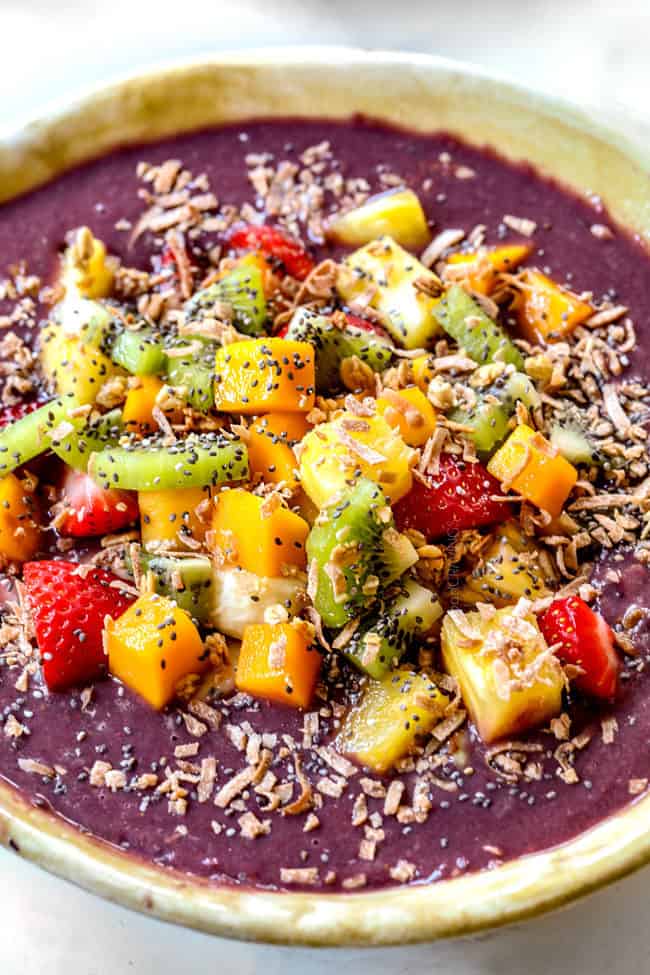 up close of side view of tropical acai bowl recipe
